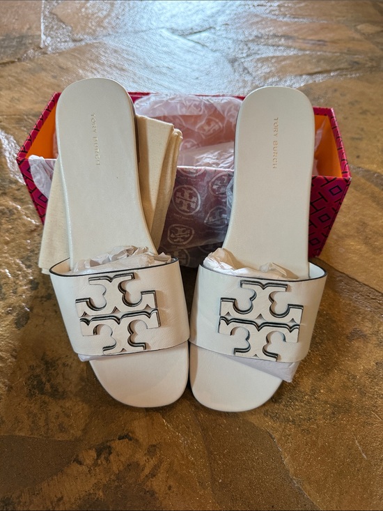 Tory Burch Shoes - Tory Burch White Leather Slide Sandals with Logo Cutout